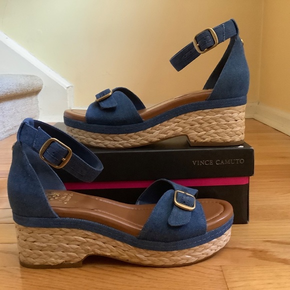 Vince Camuto Meterry Adjustable Wedge Sandals Denim SZ 9 - Picture 4 of 16